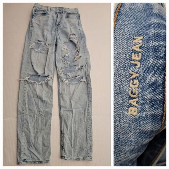 AMERICAN EAGLE Baggy Jeans Womens Sz 2 High Rise Distressed Destroy Straight - Picture 1 of 11